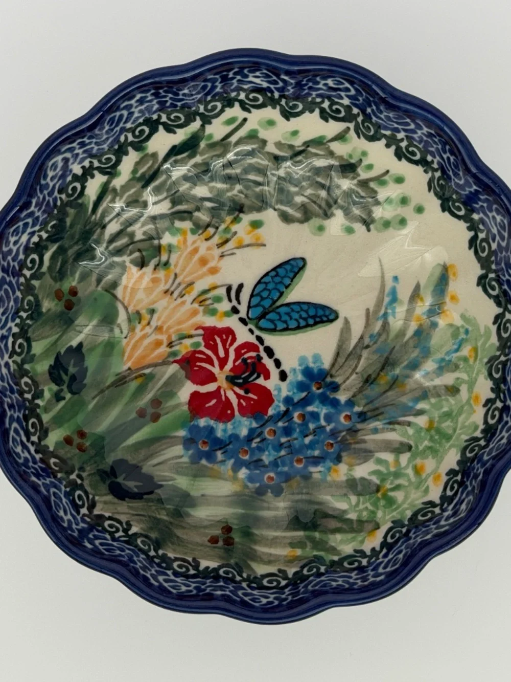 Polish Pottery Ceramika Artystyczna UNIKAT-3046 Small Scalloped Bowl w/Dragonfly